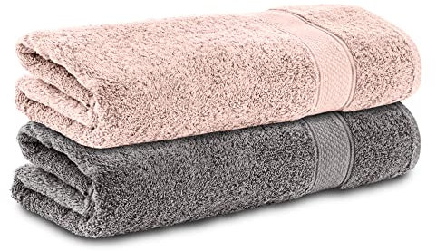Komfortec 2er Handtücher 50x100 cm Set aus 100% Baumwolle, Frottee, Weich, Anthrazit Grau/Rosa