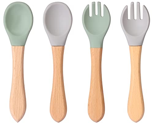 LUTER Silicone Baby Fork and Spoon Set, 2pcs Silicone Forks 2pcs Silicone Baby Spoons Self Feeding 6+ Months Wooden Handle Baby Led Weaning Spoons Utensils for Training (Gray, Green)