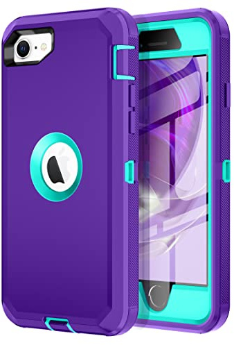 I-HONVA for iPhone SE 2022/2020 Case Built-in Screen Protector Shockproof Dust/Drop Proof 3 in 1 Full Body Rugged Heavy Duty Cover for Apple iPhone SE 3rd/2nd Gen 4.7,Purple/Green