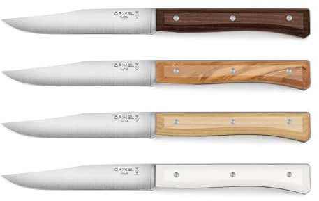 Opinel - Coffret de 4 Couteaux de Table Facette Panaché - Lame Pleine Soie Lisse - Manches Frêne, Olivier, Éco-Matériau - Garantie à Vie - Fabrication Française