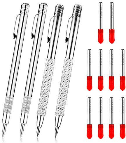 4pcs Pointes à Tracer en Carbure de Tungstène avec Aimant, Deux Styles de Stylo en Carbure de Tungstène avec 10 Pointes à Tracer de Rechange Scribe Tool pour Métal Céramique Verre Bois