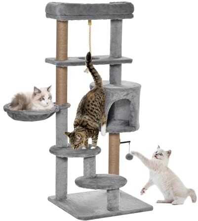 PawHut Árbol Rascador para Gatos Altura 120 cm Torre de Gatos con Plataformas Cueva Hamaca Postes de Yute Cuerda Divertida Bola Colgante 48x48x120 cm Gris