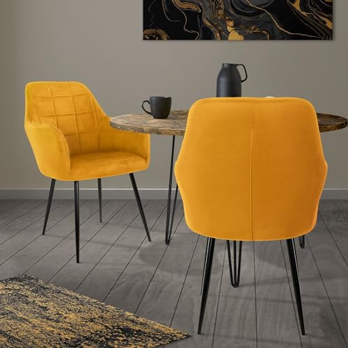 ECD Germany Set de 2X Chaises de Salle à Manger Moutarde, Style Moderne/Retro, Dossier et Accoudoirs Rembourrée Aspect Velours, Pieds en Métal Noir, Chaise Ergonomique, Fauteuil pour Salon/Chambre