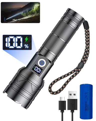 Maxesla Lampe Torche LED Rechargeable, 23000 Lumen Lampe de Poche Ultra Puissante avec Affichage, Mise au Point Réglable, 5 Modes Clairage, pour le Camping, les Urgences, la Randonnée