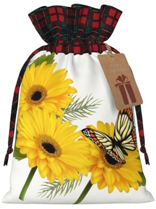 BTCOWZRV Weihnachten Kordelzug Geschenktüten Gelbe Gerbera Mit Schmetterling Gedruckt Wiederverwendbare Geschenktüten Geschenkpapier Taschen Kleine Aufbewahrungstasche Für Weihnachten Thanksgiving