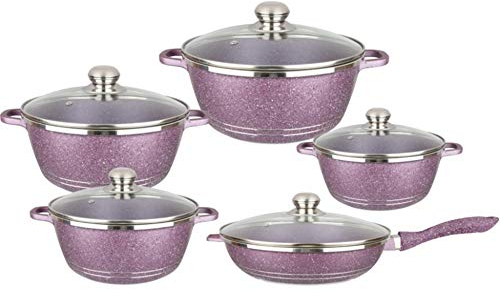 Kochtopf, antihaftbeschichtete Kochgeschirr-Sets, Kochtöpfe und Pfannen mit Glasdeckel, Heimküchengeschirr aus marmorbeschichtetem Aluminium mit Töpfen, Bratpfanne, Suppentopf, 10-teilig (lila Sorten