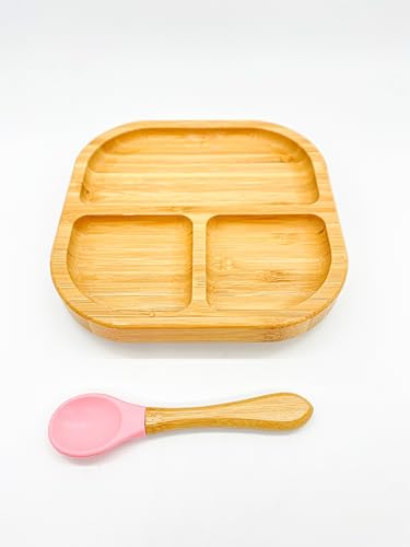 Bambusglück - Kinderteller aus Bambus mit Saugnapf - PINK - Baby Teller mit Saugnapf für Kleinkinder & Babys zum Essen lernen - Kinderteller mit Saugnapf aus nachhaltigem Rohstoff - Bambus Babyteller