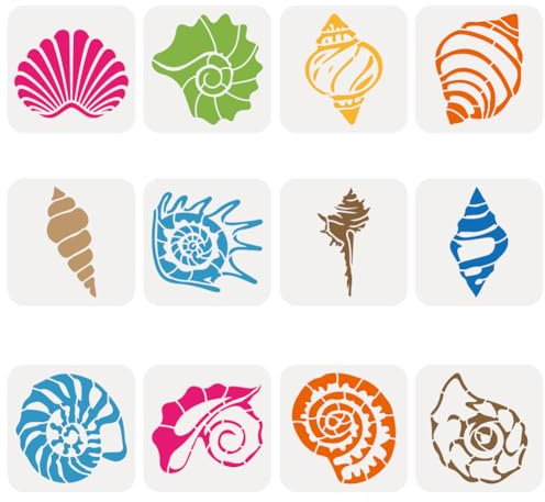 FINGERINSPIRE 12 Stück Muschel Schablonen Zum Malen 15x15 cm Muschel Schablone Muschel Schablone Meeresleben Schablonen Ozean Themen Schablone Zum Malen Auf Wand Holz Leinwand Stoff Boden Möbeln