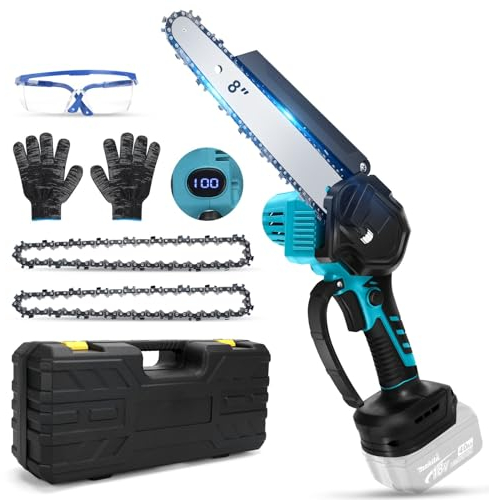 Akku Kettensäge kompatibel mit Makita 18V Akku, 8 Zoll bürstenlose Digitalanzeige Elektrokettensäge mit Kette, Handschuhen, Schutzbrille und Koffer, Handkettensäge für Baumzweige und Gartenschnitt