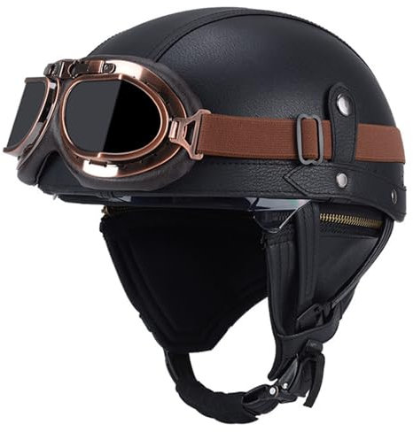 Casco Jet Vintage Omologato ECE Mezzo Pelle Casco Da Motociclista Con Occhiali Casco A Scodella Caschi Cromwell Per Uomo Donna Biker Cruiser Scooter Touring 1,M:57-58CM