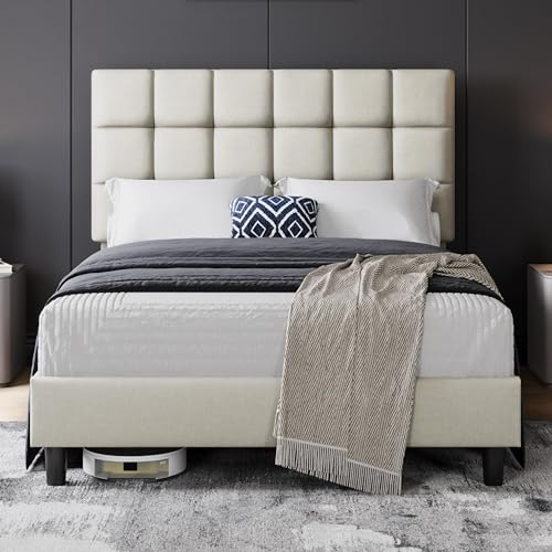 Yaheetech Double Upholstered Bed Frame with Adjustable Square Tufted Headboard/Linen Fabric/Sturdy Wooden Slat Support/No Box Spring Needed, 4ft6 Beige