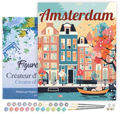 Figured'Art Peinture par Numéro Adulte avec Cadre Affiche de voyage Amsterdam en fleurs - Activité Manuelle Kit de Loisir Créatif DIY Numéro d'Art Complet - 40x50cm toile tendue sur châssis