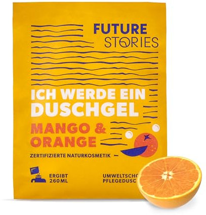 Future Stories Duschgel Pulver - Bio-Kakaobutter und Aloe Vera, vegan, 1 Sachet (1x 20 g) ergibt 260 ml, Duft Mango Orange