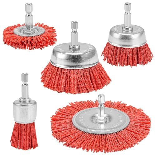 NuoDunco Lot de 5 Brosses Abrasives en Fil de Nylon, Brosse Nylon Perceuse avec Tige Hexagonale 1/4 Pouce, Outils Abrasifs Poncage Bois, Brosse Perceuse pour Enlever Rouille, Corrosion, Peinture