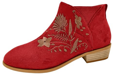 Moda Donne Flock Autunno Tacchi Quadrati Cerniera Fiore Ricamo Stivaletti Corte Punta Rotonda Scarpe Donna In Pelle Tacco Basso Stivali, Rosso, 39.5 EU