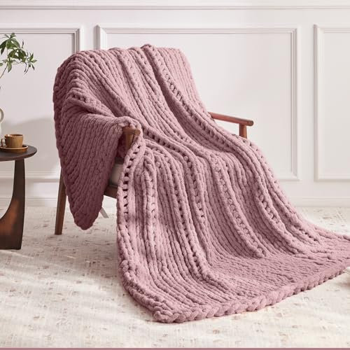 Negwoo Grobstrick-Überwurfdecke, 101,6 x 127,7 cm, gestrickte Chenille-Decken für Bett, Couch, handgefertigte rosa Häkeldecke, große dicke Decke, maschinenwaschbar, niedliche, bequeme Decke für