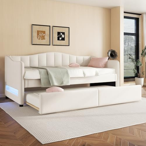 Polsterbett mit Ausziehbett 90x200 cm, Schlafsofa Tagesbett mit LED Beleuchtung und Lattenrost, Gästebett Daybett Kinderbett Sofabett Jugendbett Bettgestell Bettsofa, Leinen, Ohne Matratze, Beige