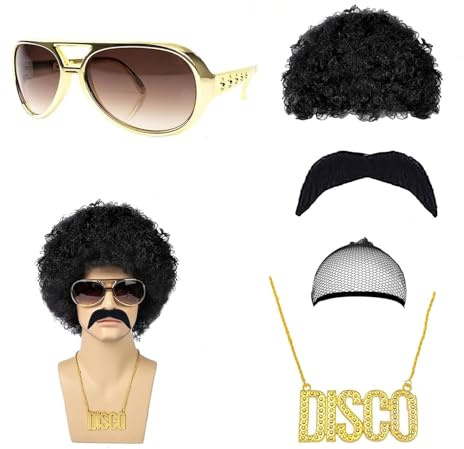MIVORA 5er Set Herren Perücke, 70er Jahre Disco Dude Dirt Bag Mit Halskette, Schnurrbart, Kurz Gelockt Afro Shaggy für Männer Karneval Fasching Kostüme Halloween Party, Schwarz