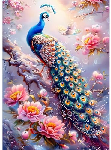 QQYRHN Peacock Diamond Painting Kits for Beginners Adults,5D Pink Flowers Diamond Art Kits, DIY Peacock Round Full Drill Diamond Dots Diamond Gem Art with Painting Kits for Home Wall Decor 12x16 Inch