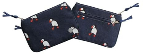 Earth Squared - Fair Trade - Animal Print Canvas Cotton Juliet Purse Cute Pouch with Two Zipped Compartments (Puffin Canvas)