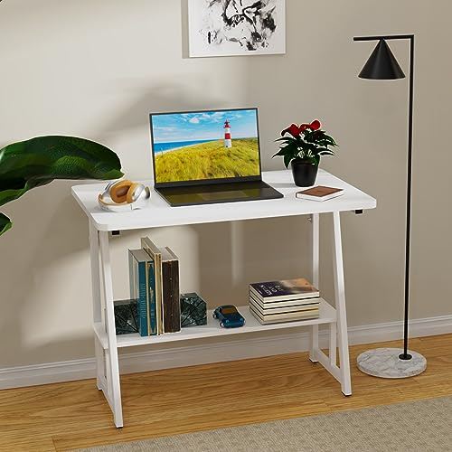 Wohenster Schreibtisch mit Bücherregal Weiß PC Tisch mit Regal, Computertisch mit Regal, Ergonomischer Laptoptisch, Computertische 80x50x73cm Bürotisch, Arbeitstisch für das Heimbüro, Wohnzimmer