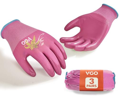 VGO 3 Paar Damen Gartenhandschuhe - Rutschfeste Nitrilbeschichtung, Maschinenwaschbar & Atmungsaktiv für Outdoor,DIY,Ranch,Camping |Flexible,Preiswertes Bundle mit Farbwahl(3Paar/S/Magenta/NT2110-P)