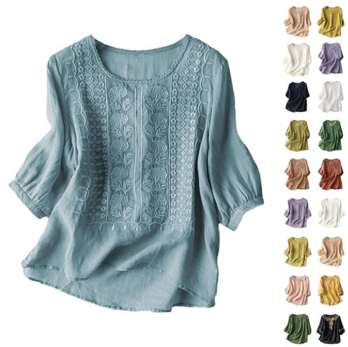 Angxiwan Linen Tops for Women UK Three Quarter Sleeves Linen Tops for Women UK Plus Size Short Sleeve Tunic Blouse Retro Jacquard T-Shirts Baggy Loose Fit Shirt Lightweight Flowy Gypsy A Blue
