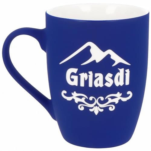 Spruchreif | Soft-Touch Tasse Blau Grias di mit Berge-Motiv – Beidseitig gravierte Tasse mit Heimat-Spruch | Geschenk für Alpenfans, Wanderfreunde & Bayern-Liebhaber | 350 ml