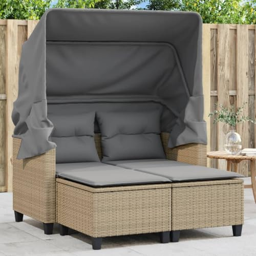 Massbinet Gartensofa 2 Sitzer mit Dach und Hockern Sonnenliege Gartenliege Lounge Gartenbank Gartenbett Beige Poly Rattan