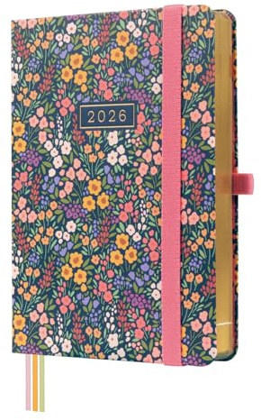 Finocam - Kalender 2026, 1 Tag pro Seite, Januar - Dezember (12 Monate), Jahresplaner 2026, mit Gummizug und 3 Punktbändern, Hardcover, Minimales Design, Flora, Spanisch