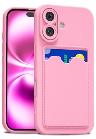 LoeoeL for iPhone 16 Plus Case with Card Holder Slim, Thin Silicone Wallet Phone Case with Credit Card Slot for Women Men, Soft Rubber Gel TPU with Pocket Shockproof Camera Cover, Light Pink