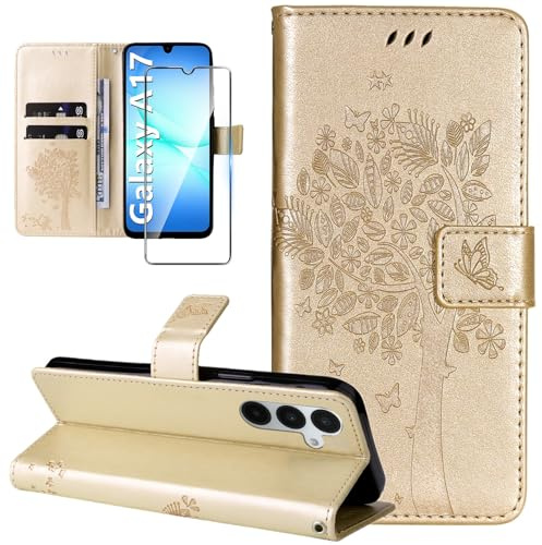 Dcjlbo Fodral för Samsung Galaxy A17 4G/5G fodral stötsäkert guld | Folie plånbok med härdat glas korthållare design stöd, lättvikt flip läder, halkfritt fodral