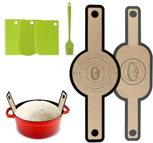 2PCS Silicone Bread Sling for Dutch Oven, Silicone Sourdough Bread Sling Mat with Long Handle & 1 Non-Stick Reusable Baking Mat, for Transferring Sourdough, with 3 Dough Scrapers & 1 Brush