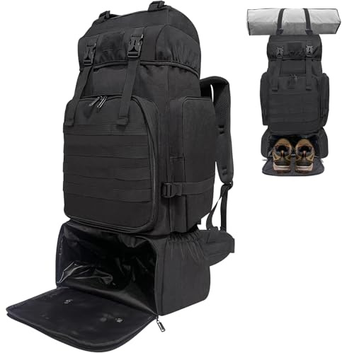 Lizbin Wanderrucksack, 80L Molle Militärischer taktischer Rucksack, Campingrucksack mit Schuhfach, leichter Rucksack für Männer, wasserabweisender Reiserucksack Überlebenstasche Wandertasche (Schwarz)