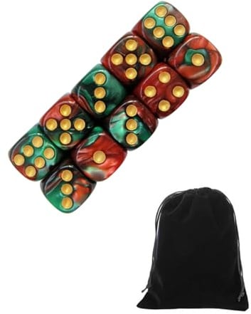 CULEB 10 Stücke Würfel,16mm D6 Würfel Set mit Samtbeutel,Würfelset für Kniffel-spiel,Brettspiele,Tabletop-Spiele,Matheunterricht(Rot-Grün)