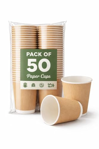 E Greenwize Ripple Wall Paper Cup, Kraft, 12oz 350ml, Disposable Hot Beverage Cups with Insulated Design (Pack of 50)