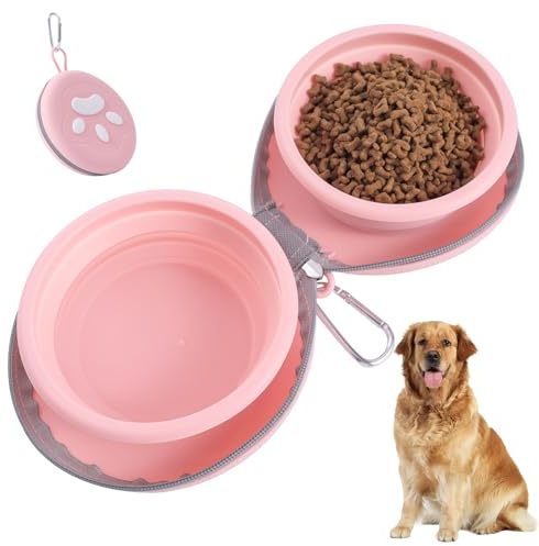 2 in 1 Collapsible Silicone Dog Travel Bowls With Zip Case, Paw Print Pattern Dog Foldable Bowl Pet Feeding Bowl Dog Water Bowl for Travel Camping Hiking,Pink