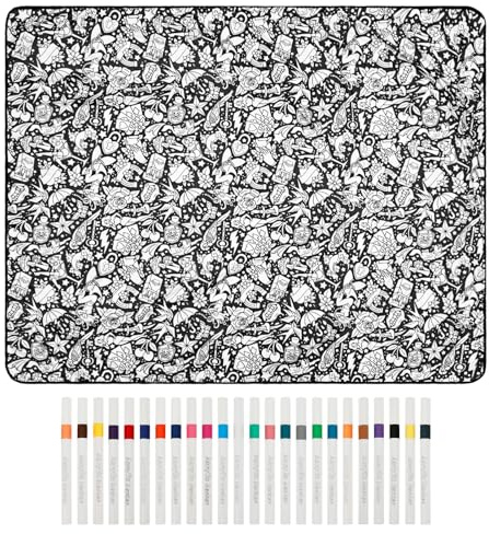 PEIZHIYC DIY Decke zum Ausmalen Blume 156x125cm | Wiederverwendbar, Mit 24 Farben und Pinsel, Waschbar, Aus Samt, Für Kinder & Erwachsene