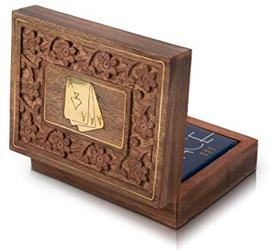 Idee regalo di compleanno uniche realizzate a mano in legno classico titolare di carte da gioco Deck Box Organizer con un set di carte da gioco 'Ace' di alta qualità, regalo di inaugurazione della