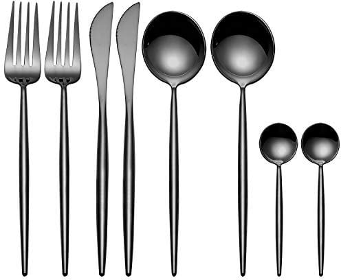MORGIANA 8 Pieces Black Flatware Sets,18/10 Stainless Steel Cutlery Set Glossy, Black Utensil Set, Black Dinnerware Set, Black Dinner Knife Spoons Forks Teaspoons, Service for 2 (Black)