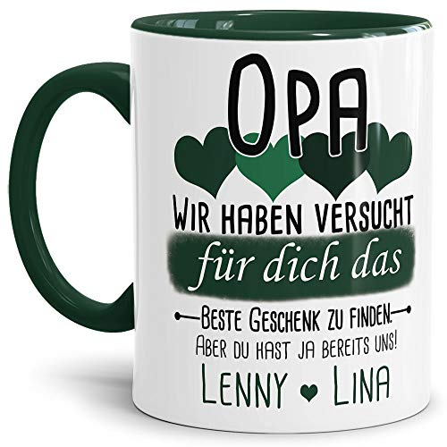 Tassendruck Geschenk Tasse mit Spruch PERSONALISIERT - Bestes Geschenk für Opa von Enkelkindern - Kaffee-Tasse/Geschenkidee Geburtstag Vatertag/Vatertagsgeschenk - Innen & Henkel Dunkelgrün