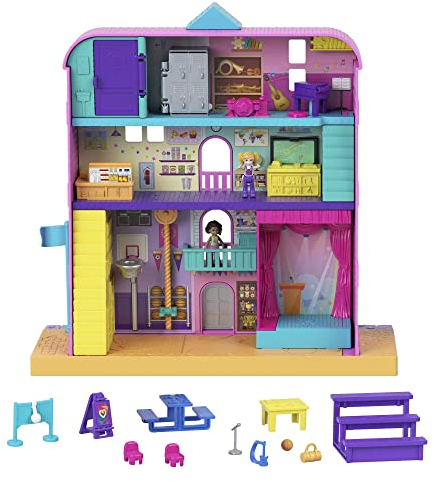 Polly Pocket GVY51 -Pollyville Schule, 2 kleine Puppen, 3 Etagen, 7 Spielbereichen (Klassenzimmer, Musikzimmer, Turnhalle, Cafeteria und mehr), Zubehör, tolles Geschenk für Kinder ab 4 Jahren