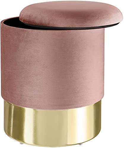 tectake® Tabouret repose pied pouf avec rangement Pouf salon rond aspect Velours jusqu'à 300 kg Base en Acier Doré Couvercle Amovible Design Moderne cosy pour coiffeuse, salon, chambre, bureau, entrée