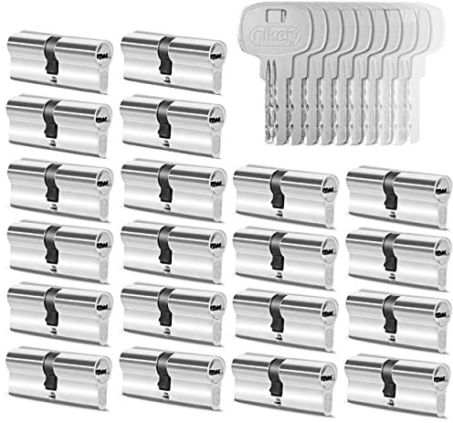 GERCAR 20x Cylindre de serrure/barillet de porte d'entree/interieure 60 mm - 20x serrure de porte 30/30 mm - En laiton nickelé - Avec 100 clés - Longueur : 60 mm, A: 30 B : 30