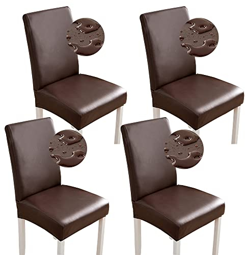 Bestenrose Stuhlhussen 6er/4er PU Leder Stuhlbezug wasserdichte Stretch Esszimmer Stuhlüberzug Stretch Stuhl Husse Universell Stuhlhussen Haus Büro Restaurant (4-Stück, Kaffee)
