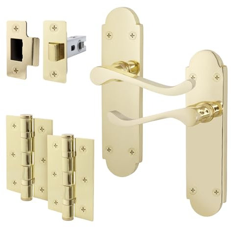 EAI Polished Brass Door Handle Latch Set - Victorian Scroll Shaped | 1 Pair of Internal Handles with Hinges (76mm) & Latch (64mm)