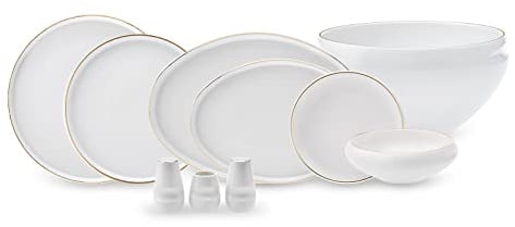 Karaca Streamline Sunset 59-Piece New Generation Bone China Dinner Set for 12 People,Dinner Plates, Pasta Bowls, Side Plates, Soup Bowls, Serving Platters, Salad Bowl,Stylish Design, Gold White