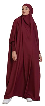 Frauen Kleid muslimisches Gebet Abaya islamische Robe Maxi afrikanischer Kaftan Türkei Islam Dubai Türkei Kleid in voller Länge mit Hijab Weinrot Einheitsgröße