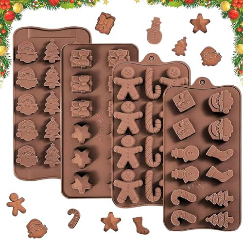 4 Stück Weihnachten Schokoladenformen, Backformen aus Silikon für Weihnachten, 3D Pralinenform für Weihnachten DIY Weiche Süßigkeit Gelee Kuchen, Non Stick, Wiederverwendbare (B)