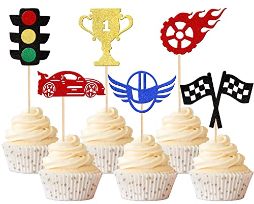 Xsstarmi 24 Pack Race Car Cupcake Toppers Glitter Traffic Light Wheel Trophy Flag Helmet Racing Car Cupcake Picks for Let's Go Racing Sports Baby Shower Birthday Party Cake Decorations